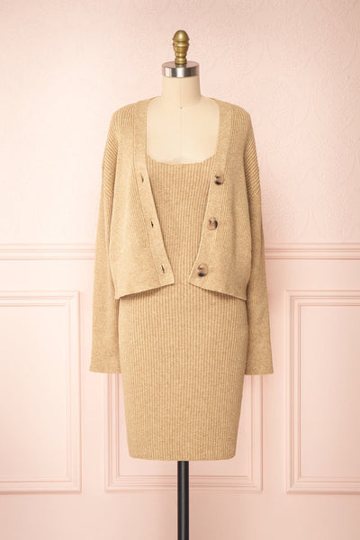 Set Cilia Beige Knitted Cardigan & Fitted Dress | Boutique 1861