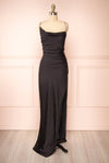 Sevika Black Maxi Satin Dress w/ Cowl Neck | Boutique 1861 front view