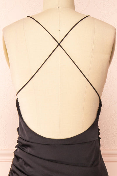 Sevika Black Maxi Satin Dress w/ Cowl Neck | Boutique 1861 back close-up