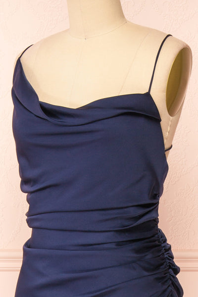 Sevika Navy Maxi Satin Dress w/ Cowl Neck | Boutique 1861 side close-up