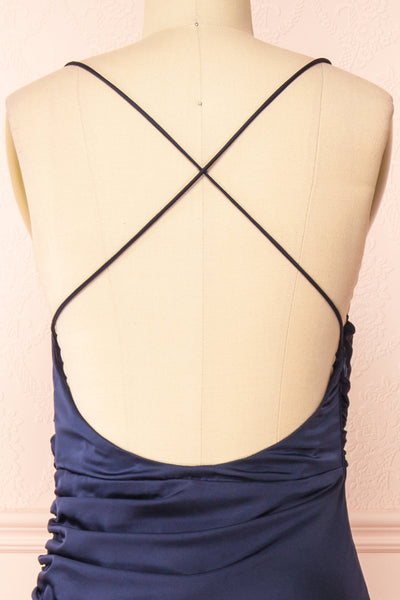 Sevika Navy Maxi Satin Dress w/ Cowl Neck | Boutique 1861 back close-up