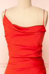 Sevika Red Maxi Satin Dress w/ Cowl Neck | Boutique 1861 front close-up