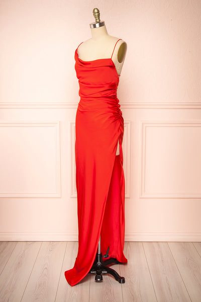 Sevika Red Maxi Satin Dress w/ Cowl Neck | Boutique 1861 side view
