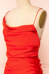 Sevika Red Maxi Satin Dress w/ Cowl Neck | Boutique 1861 side close-up