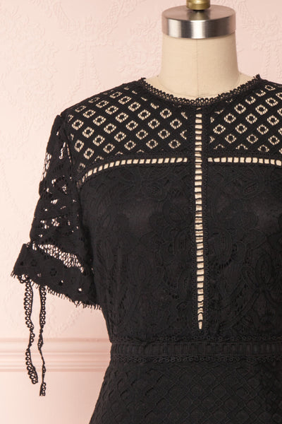 Shalonda Black Lace Cocktail Dress | Robe front close up | Boutique 1861