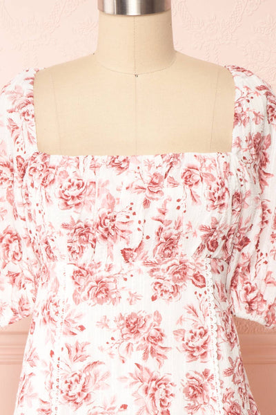 Shameem White Floral Square Neck Short Dress | Boutique 1861 front close-up