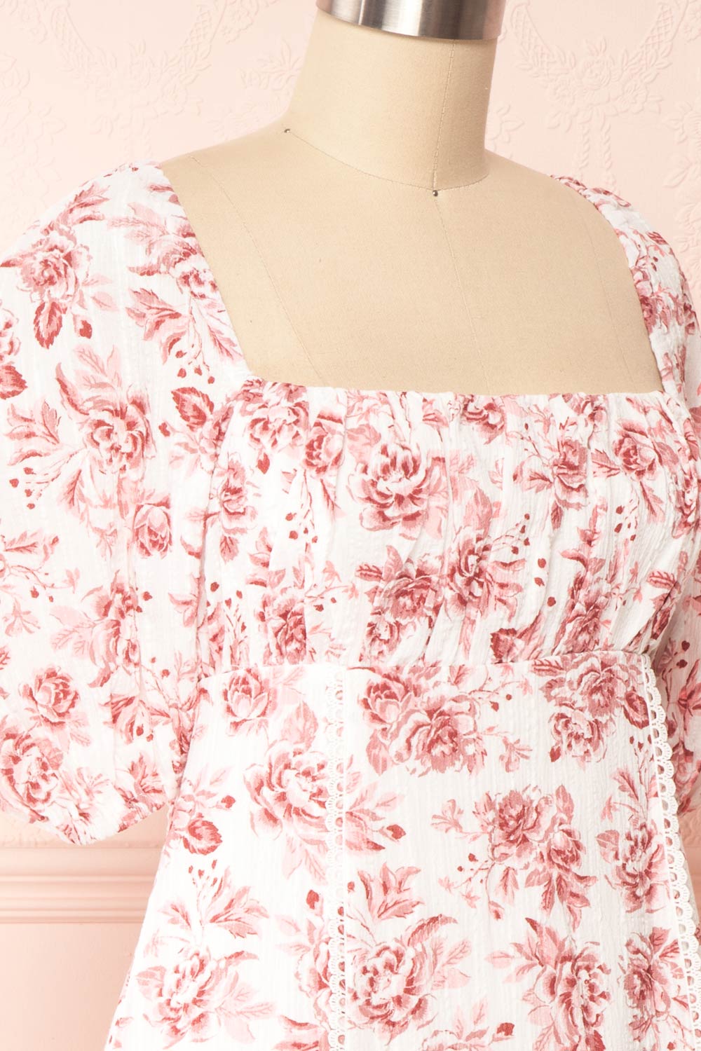 Shameem White Floral Square Neck Short Dress | Boutique 1861 side close-up