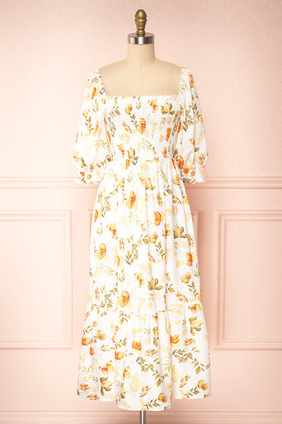 Shana Square Collar Floral Midi Dress w/ Ruffles | Boutique 1861 front view