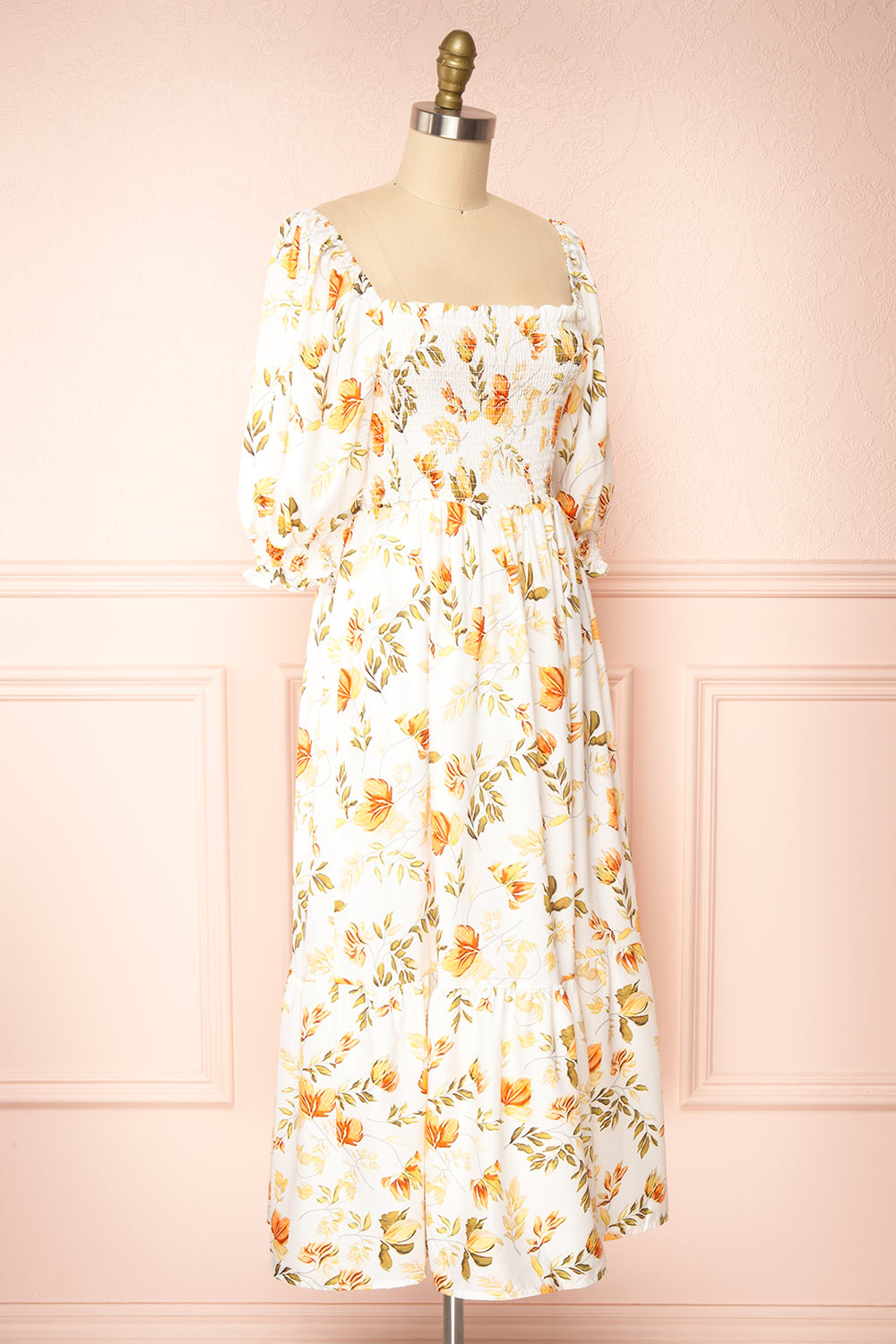 Shana Square Collar Floral Midi Dress w/ Ruffles | Boutique 1861 side view 