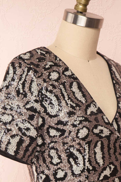 Sharmaine Bronze Leopard Print Sequin Party Dress side close up | Boutique 1861