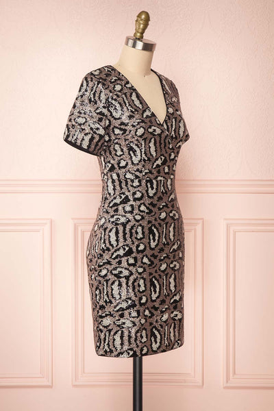 Sharmaine Bronze Leopard Print Sequin Party Dress side view | Boutique 1861