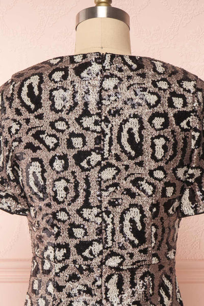 Sharmaine Bronze Leopard Print Sequin Party Dress back close up | Boutique 1861