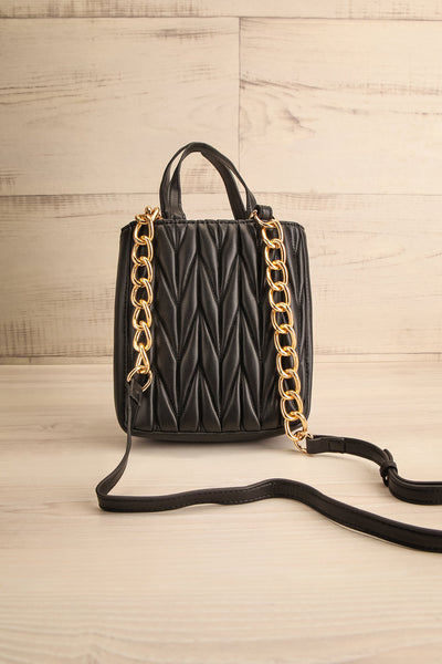 Shifrun Black Herringbone Textured Handbag | La petite garçonne front view
