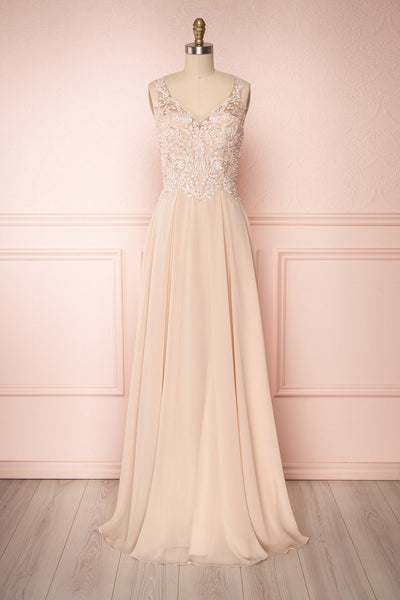 Shinju Beige Maxi Ball Gown with Embellished Bodice | Boutique 1861 front view
