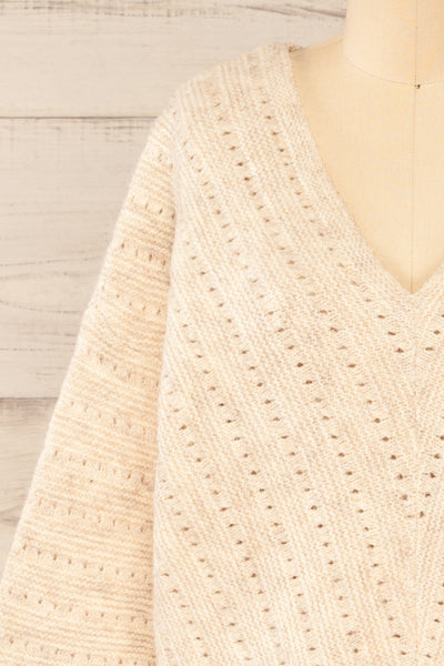 Sibli Beige V-Neck Open Knit Sweater | La petite garçonne front close-up