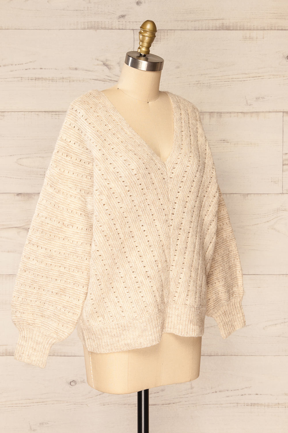 Sibli Beige V-Neck Open Knit Sweater | La petite garçonne side view