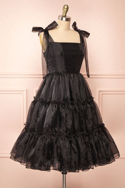 Siena Tiered Black Tulle Midi Dress | Boutique 1861  side view