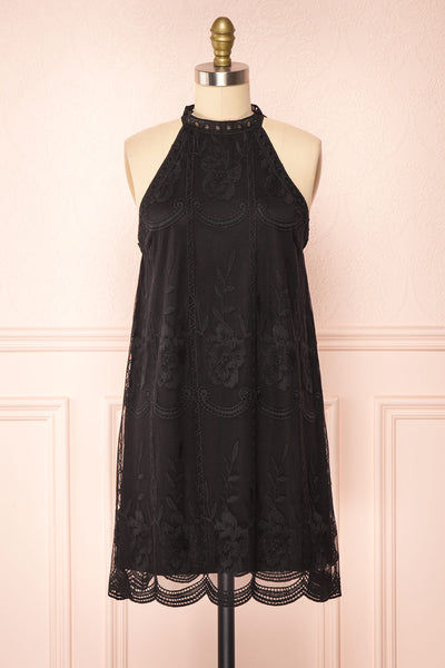 Silens Black Short Sleeveless Lace Halter Dress | Boutique 1861 front view