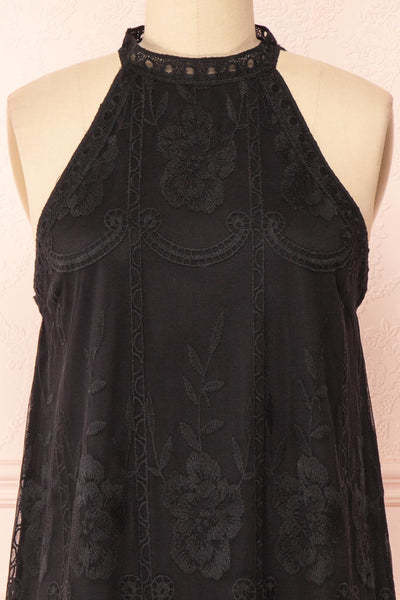 Silens Black Short Sleeveless Lace Halter Dress | Boutique 1861 front close-up