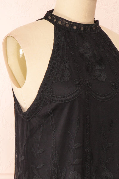 Silens Black Short Sleeveless Lace Halter Dress | Boutique 1861 side close-up