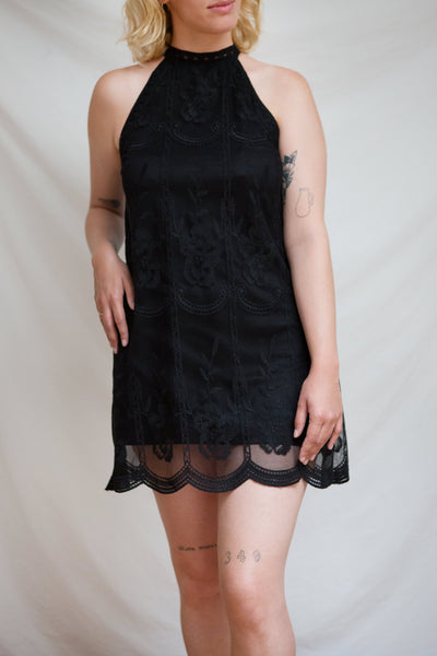 Silens Black Short Sleeveless Lace Halter Dress | Boutique 1861 model