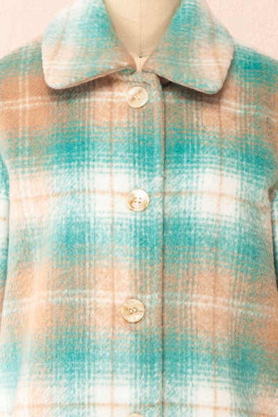 Sirennah Teal Vintage Style Tartan Coat | Boutique 1861 open close-up