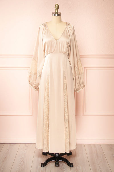 Sirina Long Sleeve Beige Maxi Dress w/ Lace Details | Boutique 1861 front view
