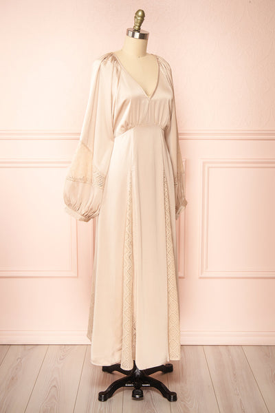 Sirina Long Sleeve Beige Maxi Dress w/ Lace Details | Boutique 1861 side view