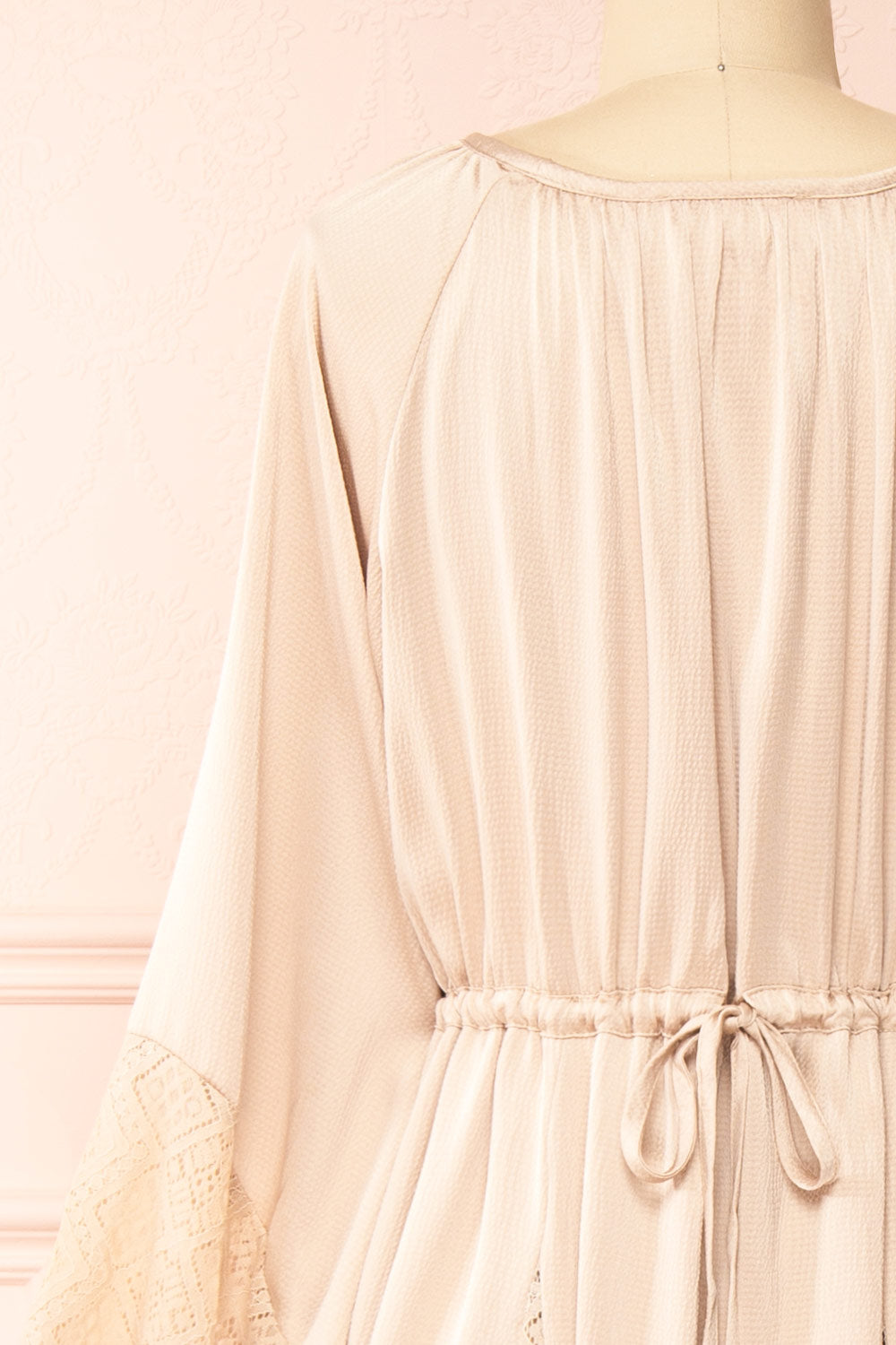 Sirina Long Sleeve Beige Maxi Dress w/ Lace Details | Boutique 1861 back close-up