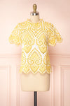 Skylar Yellow & White Embroidered Short Sleeve Top | Boutique 1861 front view