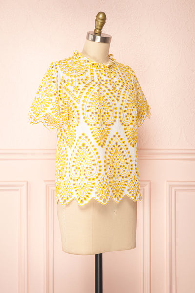 Skylar Yellow & White Embroidered Short Sleeve Top | Boutique 1861 side view