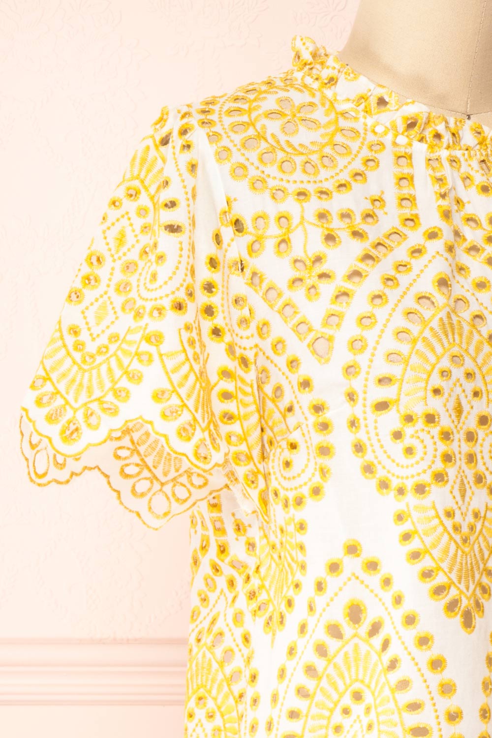 Skylar Yellow & White Embroidered Short Sleeve Top | Boutique 1861 side close-up