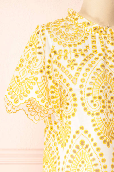 Skylar Yellow & White Embroidered Short Sleeve Top | Boutique 1861 side close-up