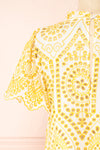 Skylar Yellow & White Embroidered Short Sleeve Top | Boutique 1861 back close-up