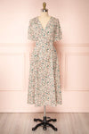 Sneeuw Beige Patterned V-Neck Midi Dress | Boutique 1861 front view