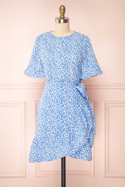 Snjoa Blue Floral Faux-Wrap Short Dress | Boutique 1861 front view
