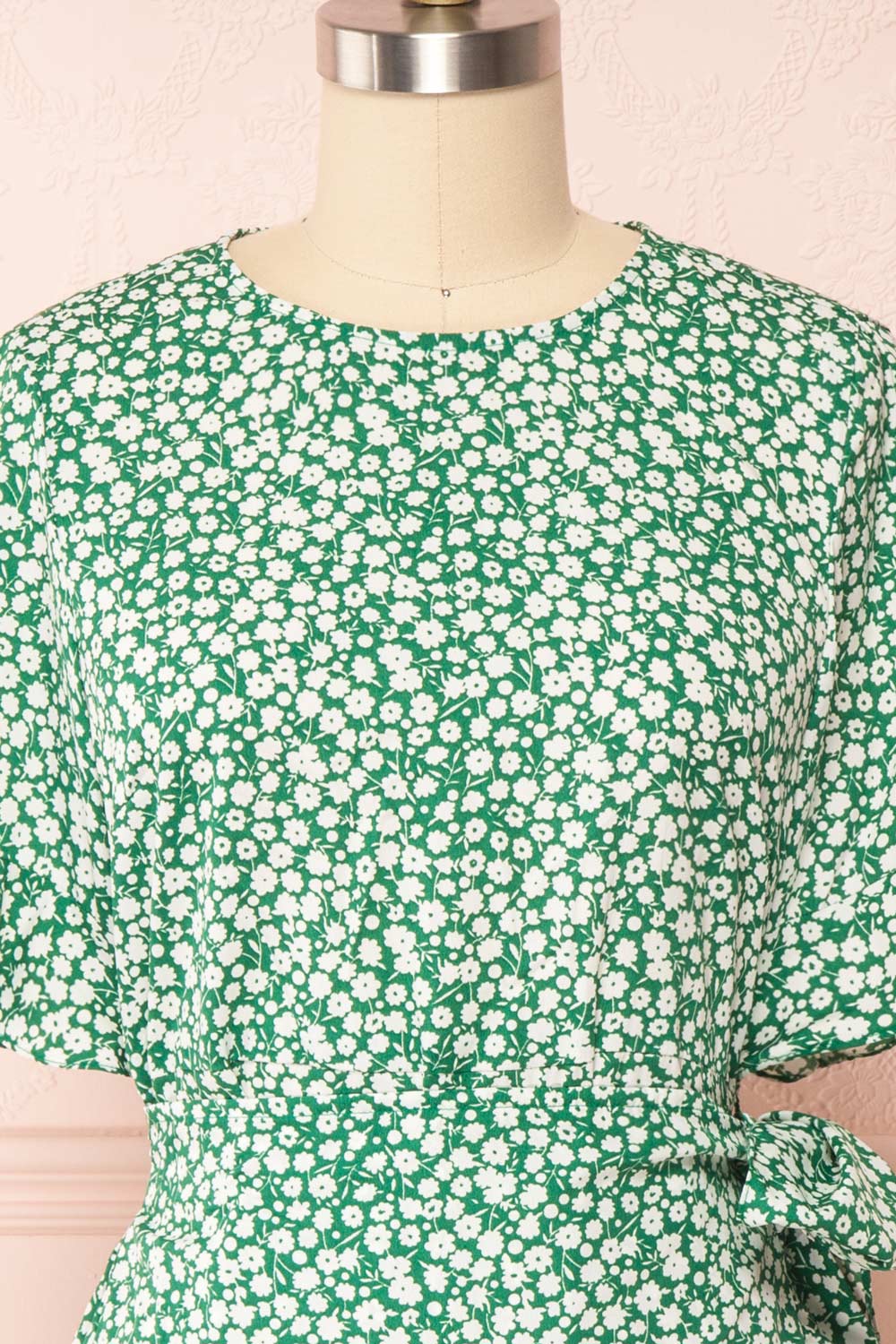 Snjoa Green Floral Faux-Wrap Short Dress | Boutique 1861 front close up