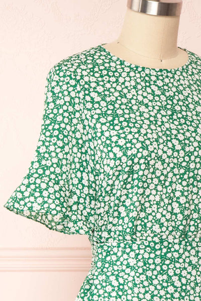 Snjoa Green Floral Faux-Wrap Short Dress | Boutique 1861 side close up