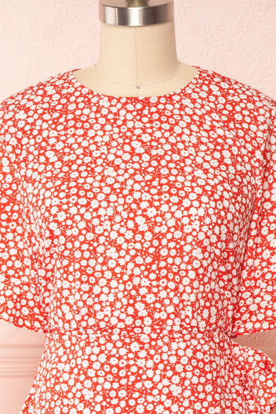 Snjoa Red Floral Faux-Wrap Short Dress | Boutique 1861 front close up