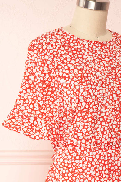 Snjoa Red Floral Faux-Wrap Short Dress | Boutique 1861 side close up
