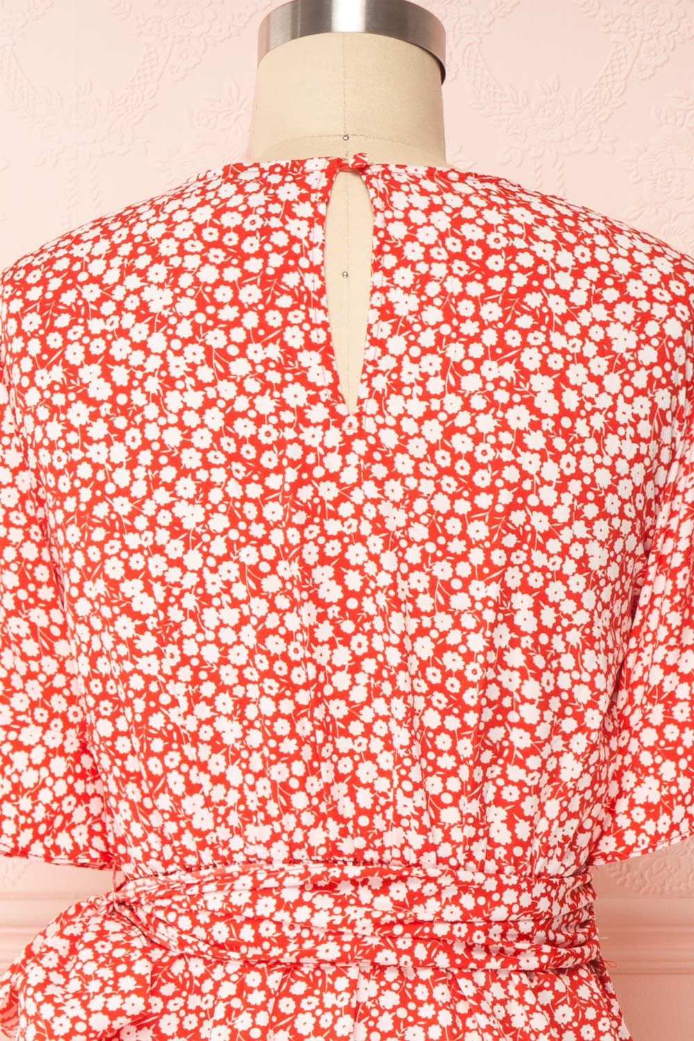 Snjoa Red Floral Faux-Wrap Short Dress | Boutique 1861 back close up