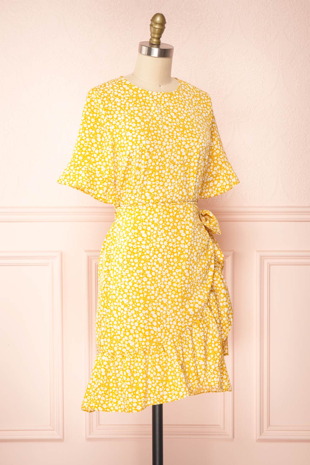 Snjoa Yellow Floral Faux-Wrap Short Dress | Boutique 1861 side view