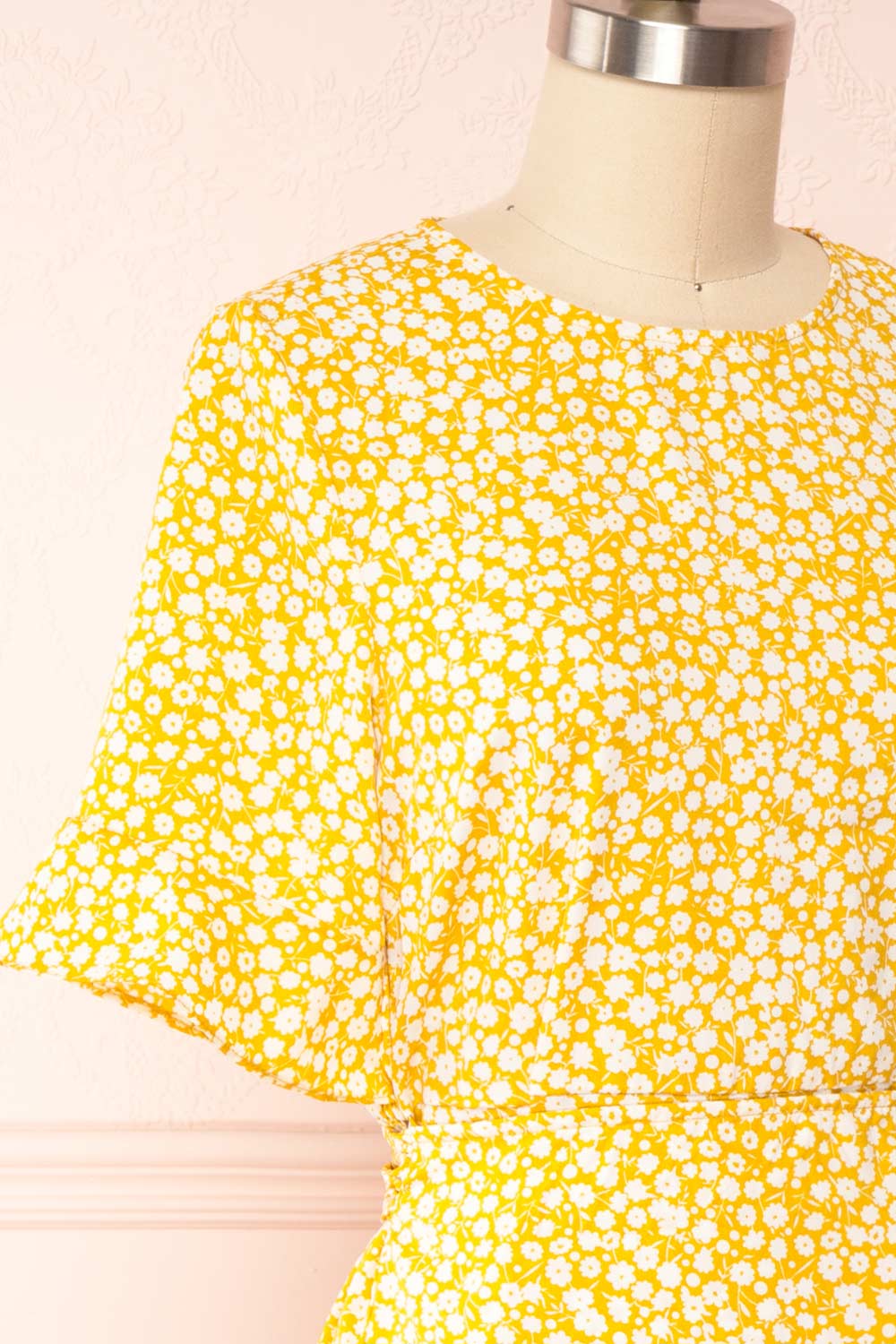 Snjoa Yellow Floral Faux-Wrap Short Dress | Boutique 1861 side close up