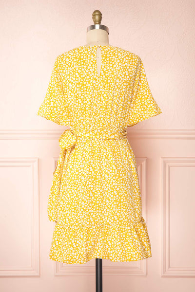 Snjoa Yellow Floral Faux-Wrap Short Dress | Boutique 1861 back view