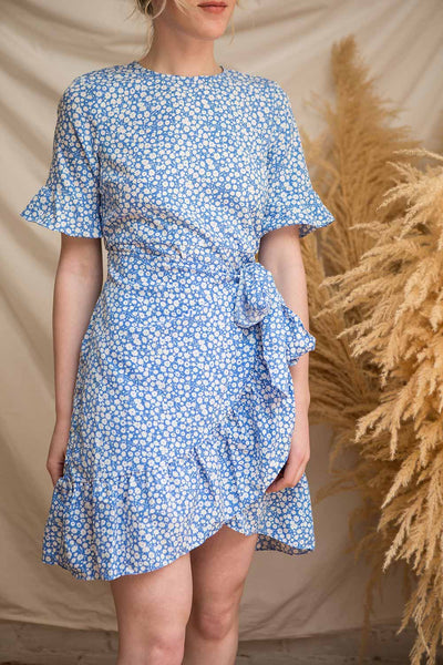 Snjoa Blue Floral Faux-Wrap Short Dress | Boutique 1861 on model