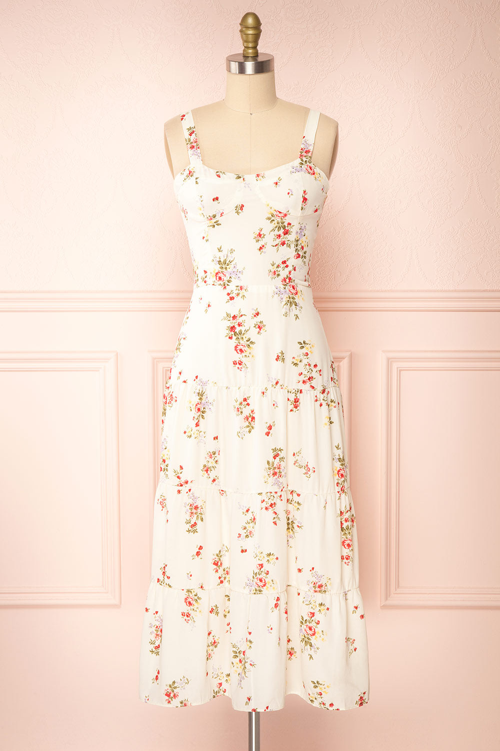 Sodalen Beige Floral Midi Dress w/ Ruffles | Boutique 1861 front view