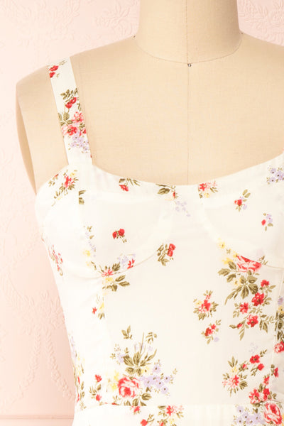 Sodalen Beige Floral Midi Dress w/ Ruffles | Boutique 1861 front close-up