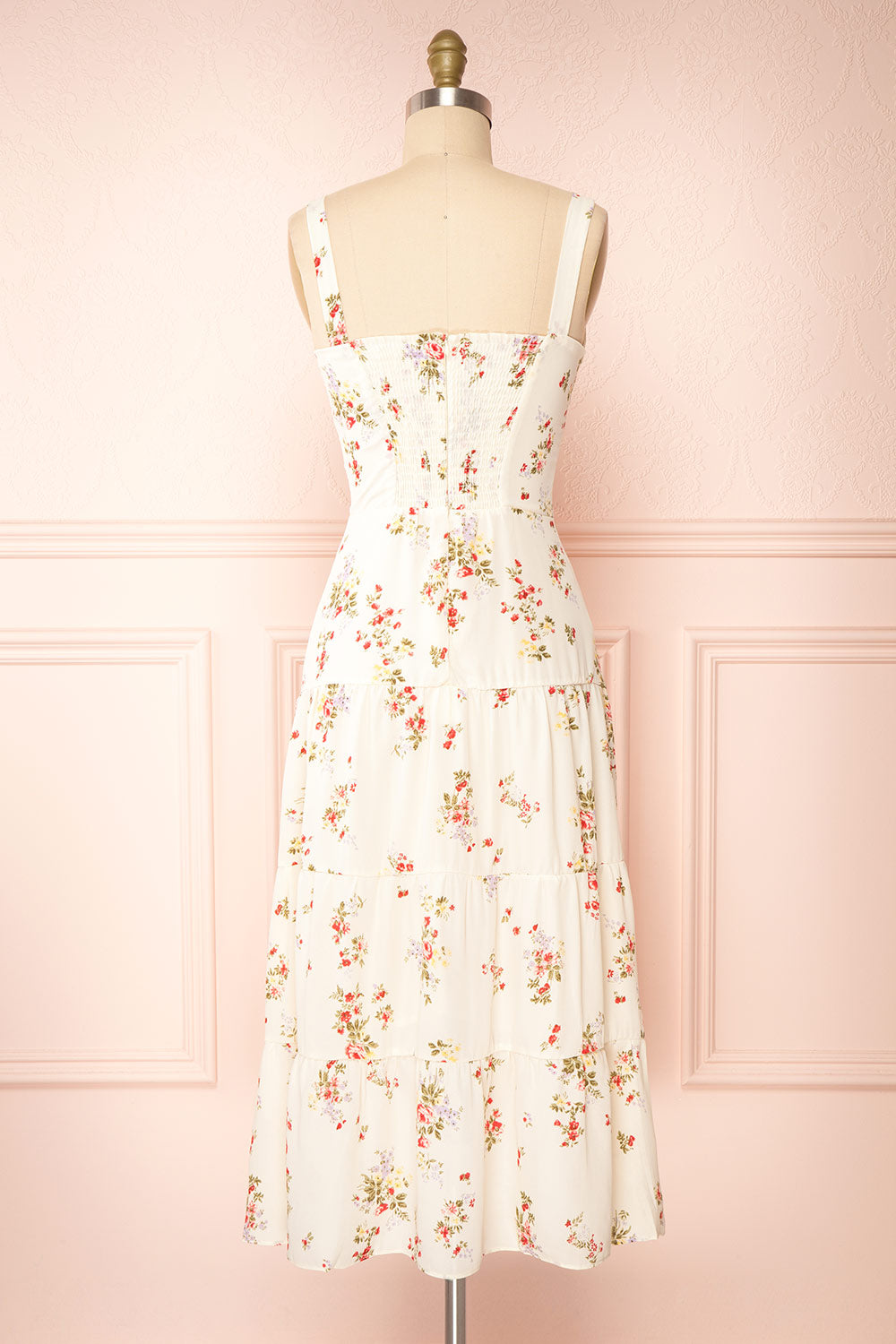 Sodalen Beige Floral Midi Dress w/ Ruffles | Boutique 1861 back view