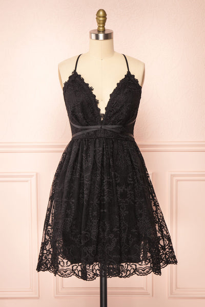 Sofie Black Short Embroidered Dress w/ V-neckline | Boutique 1861 front view