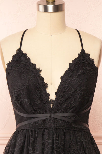 Sofie Black Short Embroidered Dress w/ V-neckline | Boutique 1861 front close up